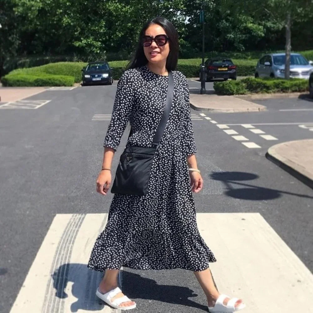 Zara Black  Polka Dot Tiered Midi Dress Bloggers Fav Sz S